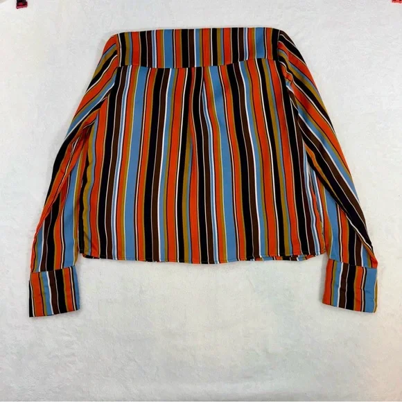 ASTR The Label Doreen Orange Multi Striped Satin Button-Up Long Sleeve Top Sz XS - Picture 7 of 10